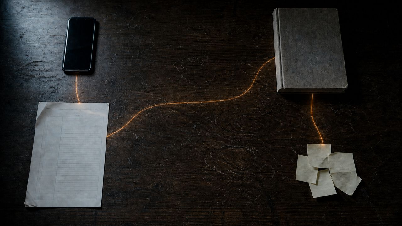 The same four objects on the desk, now joined by thin lines of warm light running through the wood between them.