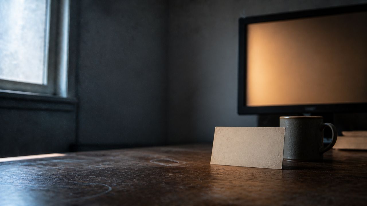 The same desk with the stack of paper gone and a single card standing against the mug, lit by the screen.